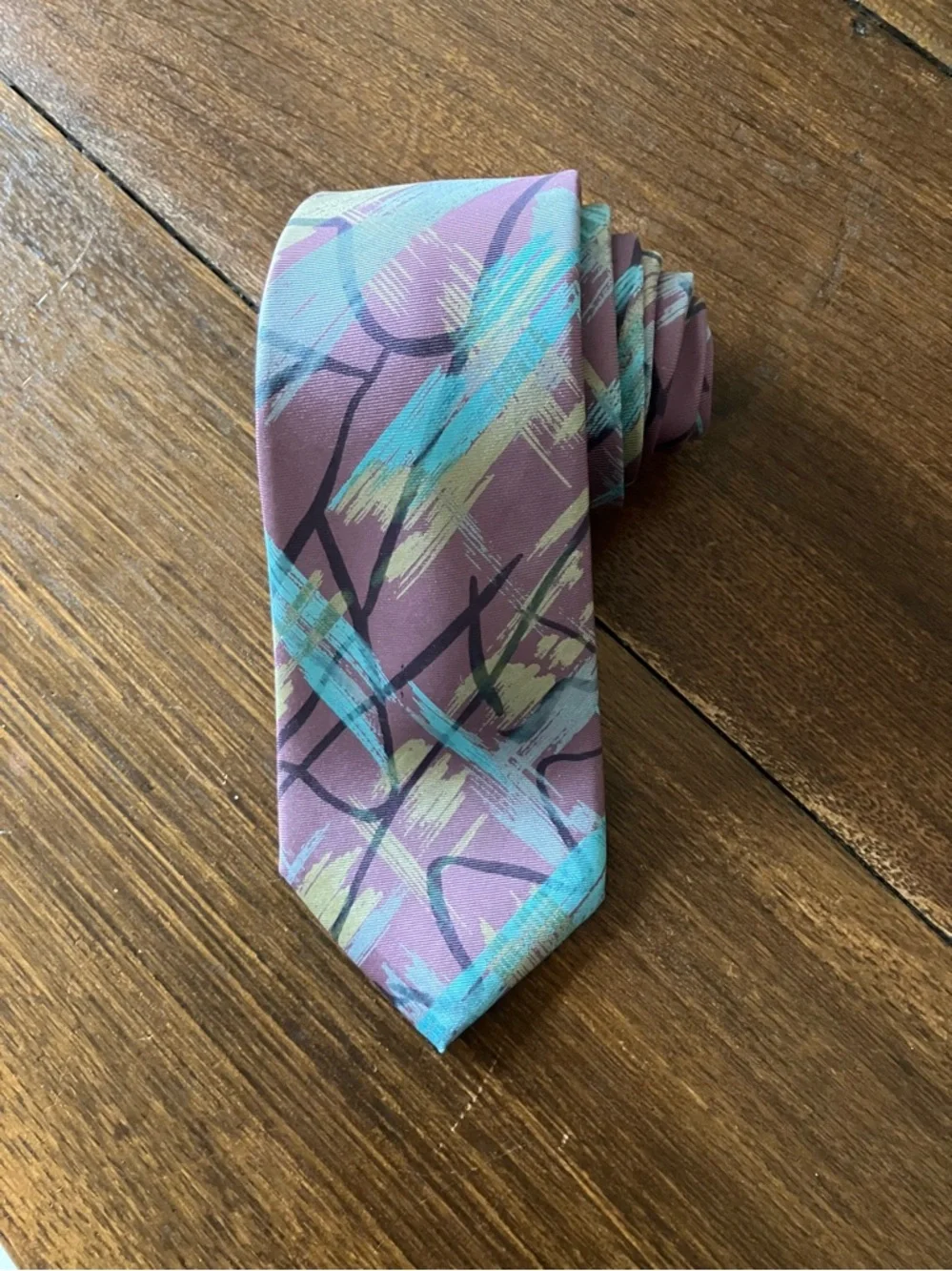 Vintage Lanvin Lilac, Tuquoise and Yellow Brushstroke Pattern Tie - Picture 5 of 6
